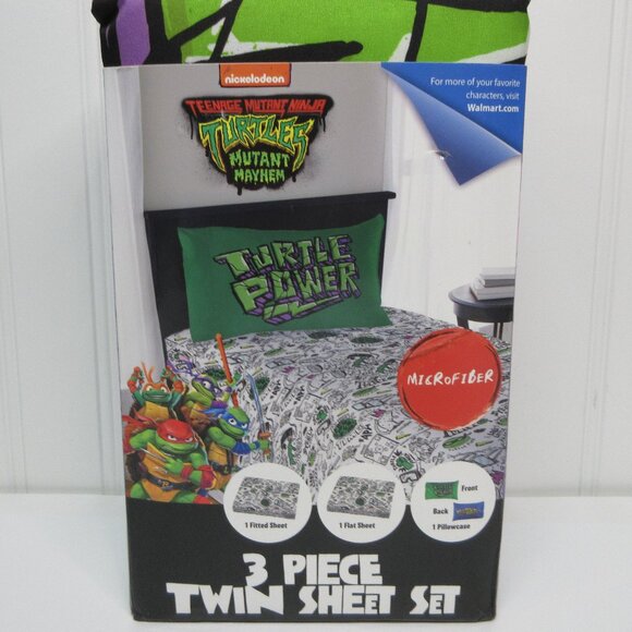 Teenage Mutant Ninja Turtles Kids Twin Sheet Set 3Pcs Nickelodeon White Green - Picture 1 of 9